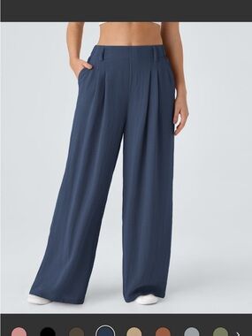 HALARA Wide-Leg Linen Pleated Pants in Navy Small Petite